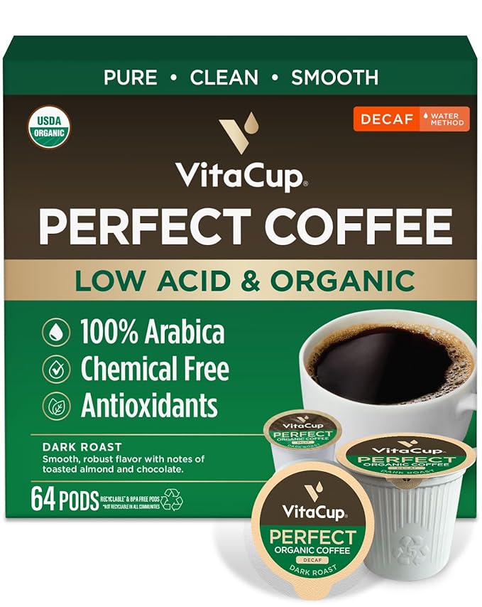 VitaCup Organic Perfect Dark Roast Decaf Coffee Pod for Pure & Clean Energy, Antioxidants, Low Acid, Peru Single Origin in Recyclable Single Serve Pod Compatible with Keurig K-Cup Brewers, 64 CT