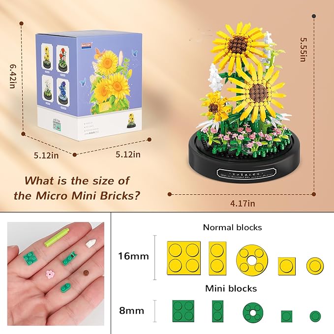 QLT QIAOLETONG Flower Bouquet Building Set, 545 PCS Sunflower Mini Building Blocks Kit for Adults Kids, Flowers Botanical Collection for Home Decor, for Her Mom Women