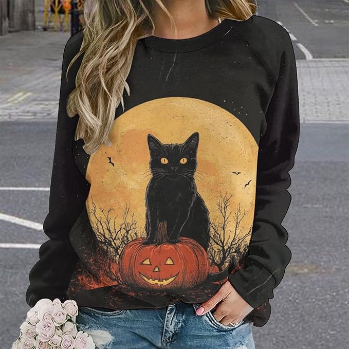 Spatofa Womens novelty funny cat printed crewneck sweatshirt casual loose long sleeve graphic pullover sweatshirts tops