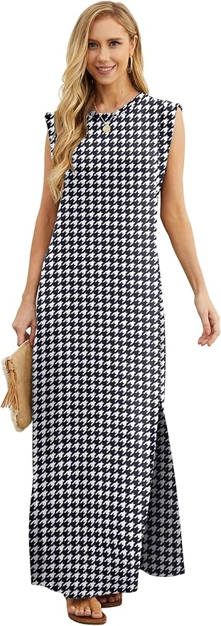 GRECERELLE 2026 Women Year-Round Casual Round Neck Loose Split Wrinkle-Free Long Maxi Vacation Dress with Pockets (XXS-4XL)