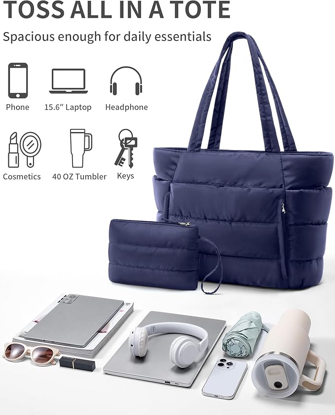 Puffer Tote Bag for Women, Lightweight Puffy Work Handbag Teacher Nurse Quilted Shoulder Bag for School Travel Gym | Quilted, with Zipper, Daily Carry On Bags, Comfy College Bags, 15.6" Laptop Sleeve, Cup Holder Pocket, Portable, Spacious