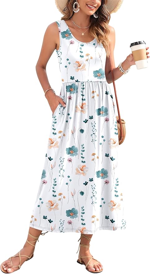 WNEEDU Women's Summer Maxi Dress 2026 Casual Sleeveless Hawaiian Sundress Tropical Long Dress Beach Vacation Outfit