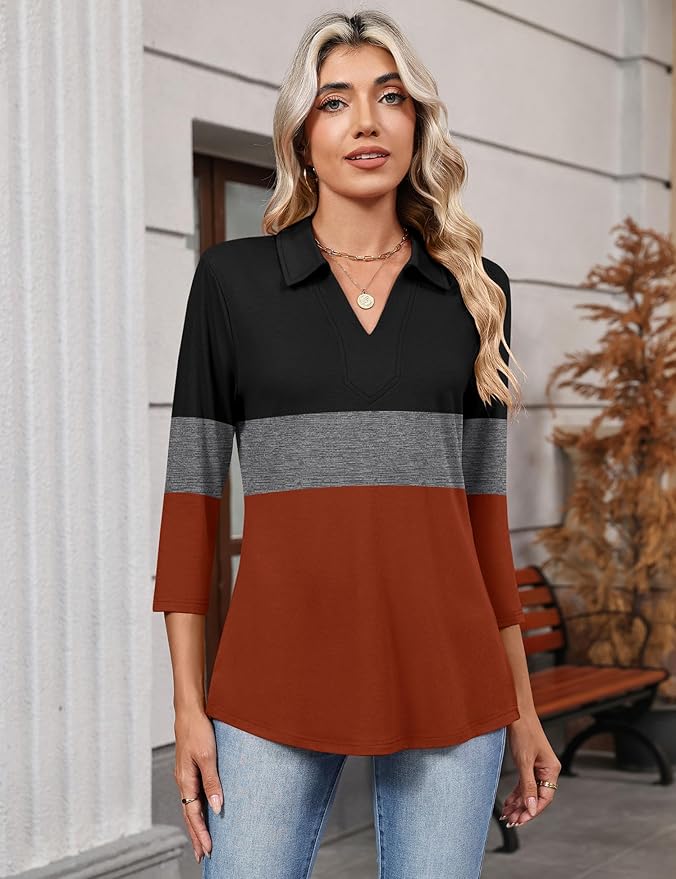 LOMON 3/4 Length Sleeve Womens Tops 2026 Spring Summer Collared Polo Shirts V Neck Casual Basic Polos Tees Shirt