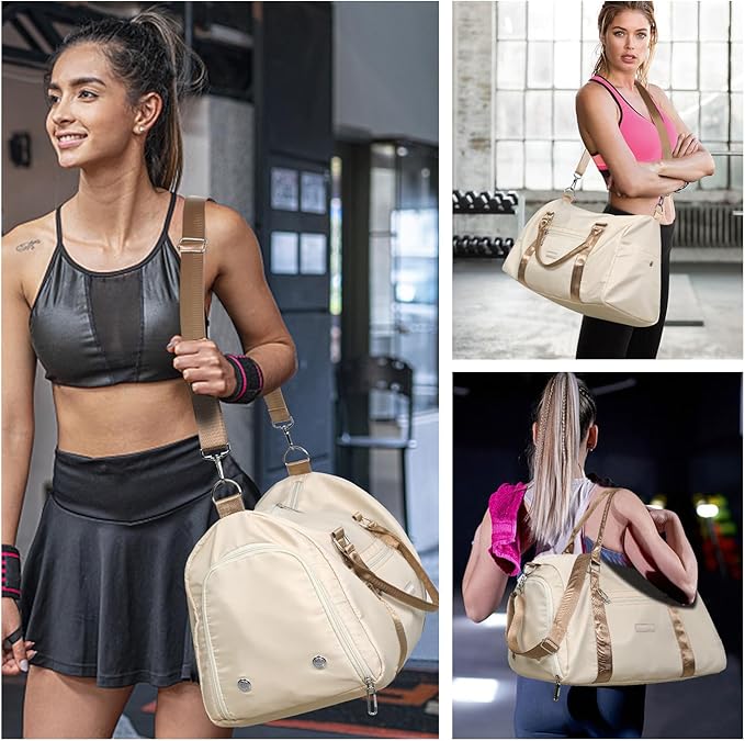 FIORETTO Womens Gym Tote Duffle Bag with Toiletry Bag, Sports Duffel Overnight Hospital Workout Carry on Bag for Girls with Wet Pocket & Shoe Compartment, Ideal for Travel, Swimming, Beige & Brown