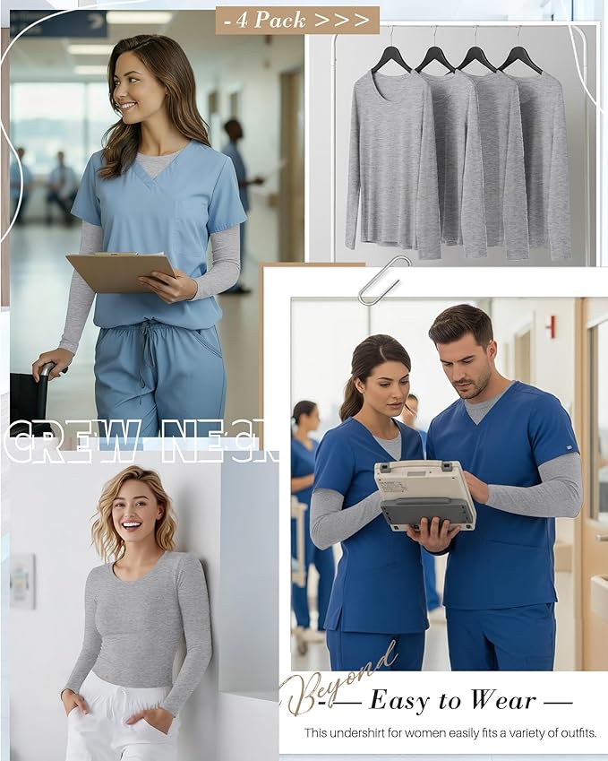 4 Pack Women's Underscrub Shirts Nurse Undershirts Long Sleeve Crewneck Slim Fit Tops Soft Stretchy Basic Tee