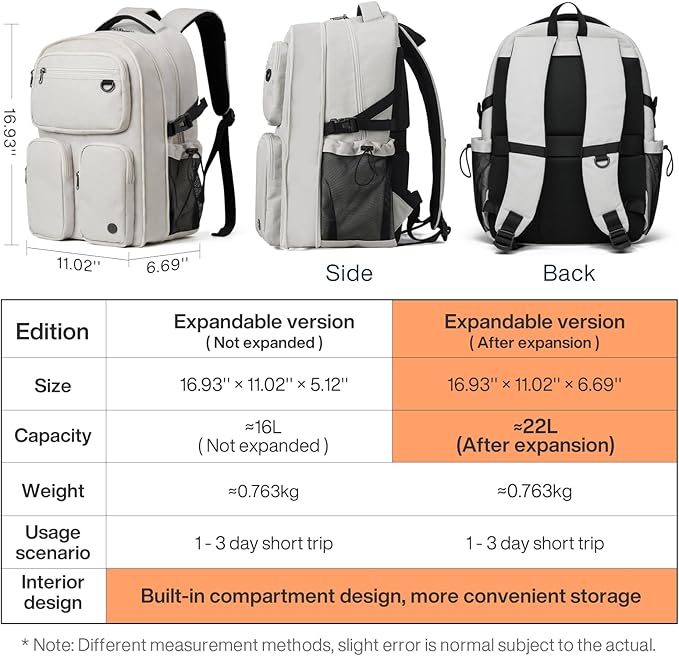 mixi Large Capacity Travel Laptop Backpack, Lightweight Durable College Bookbag Men Woman 15.6" Computer Bag, Water Resistant Outdoor Hiking Backpacks With Multifunction Pockets, 16 Inch Expandable