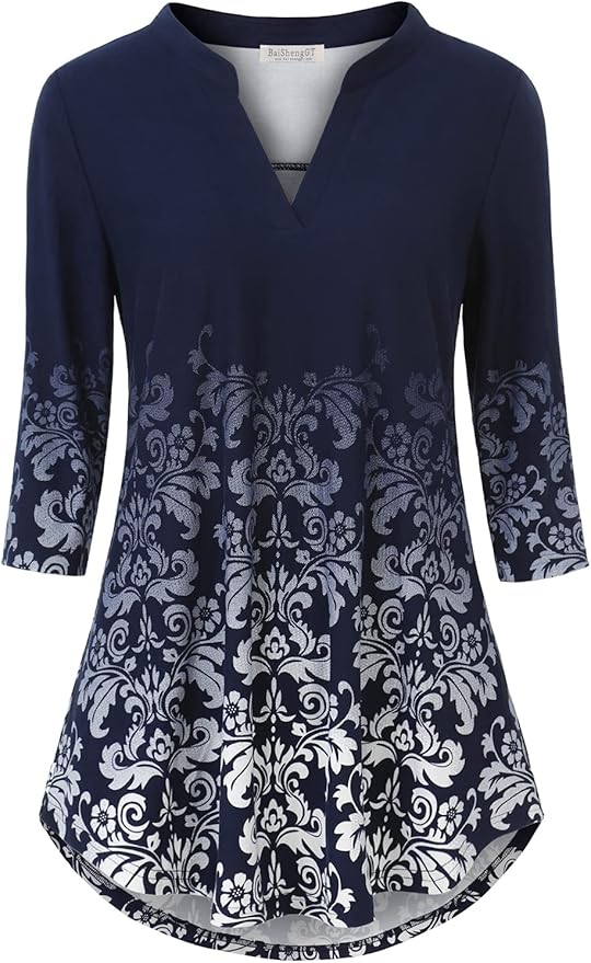 BAISHENGGT 3/4 Sleeve Tops for Women Notch V Neck Floral Work Blouses Dressy Casual Loose Fit Going Out Tunic Tops