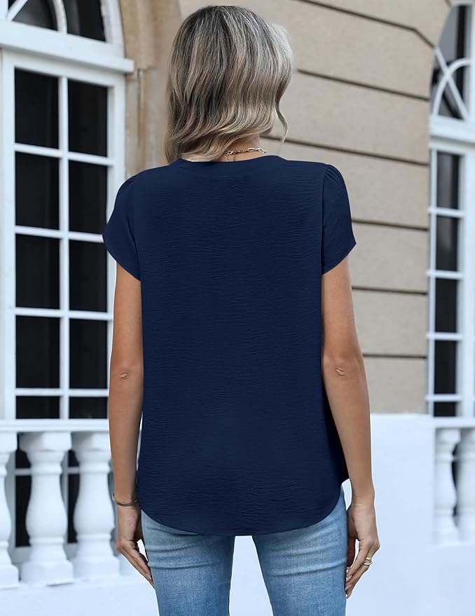 Zeagoo Womens Tops Dressy Casual Textured Blouses Cap Short Sleeve Shirts V Neck Button Up Summer Spring Work Tshirt Clothes
