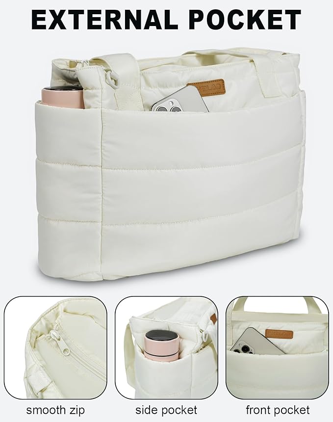 Quilted Puffer Tote Bag for Women, Waterproof Lightweight Work Bag for Nurse/Commuter with 16" Laptop Pocket | Puffer Tote Bag