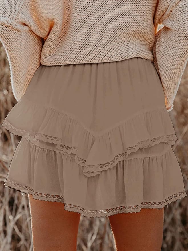 Aoudery Flowy Shorts for Women Casual Boho Ruffle Tiered Skorts High Waist Mini Skirts Golf Tennis Crochet Shorts