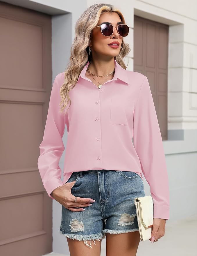 HOTOUCH Button Down Shirts for Women Long Sleeve Blouse Dressy Casual Business Work Tops with Pocket