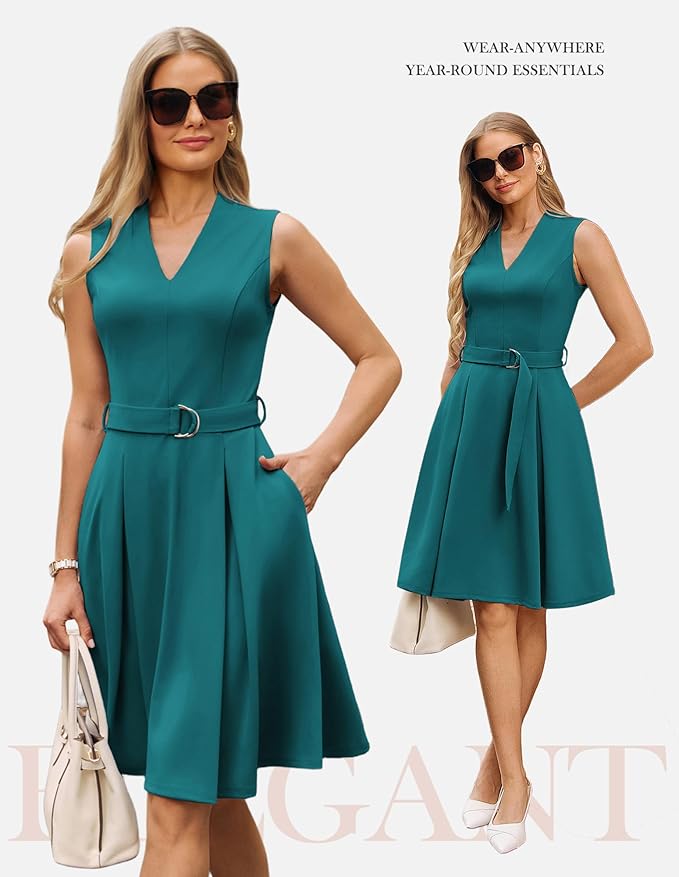GRACE KARIN Work Dresses for Women 2026 V Neck Fit and Flare Midi Dresses Office Business Dress with Belt and Pockets