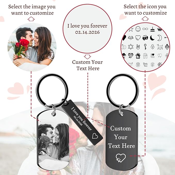 RSQGT Personalized Custom Keychain with Picture - Double Sided Engraving Photo Text Customized Key Chains for Men Boyfriend