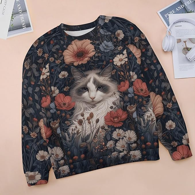Spatofa Womens novelty funny cat printed crewneck sweatshirt casual loose long sleeve graphic pullover sweatshirts tops