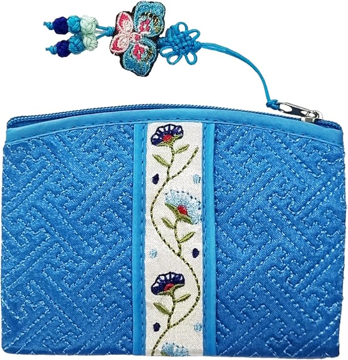 Seoulful Vintage Korean Embroidered Card Pouch - Wildflower Design Coin Purse with Butterfly Charm - Traditional Korean New Year's Gifts (Light Blue)