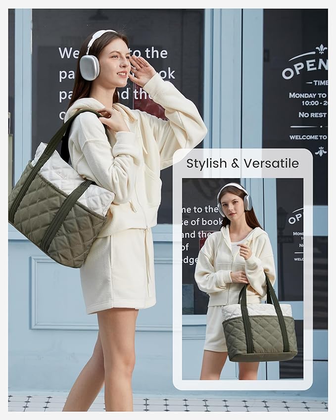 LOVEVOOK Puffer Tote Bag for Women, Puffy Work Handbag, Travel Shoulder Carry On Bag with Zipper for Teacher Nurse Gym