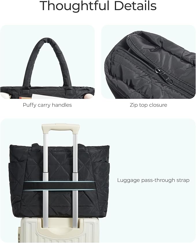 BAGSMART Tote Bag for Women, Puffy Tote Bag with Zipper, Large Quilted Shoulder Bag with Compartments for Travel, Work, Gym