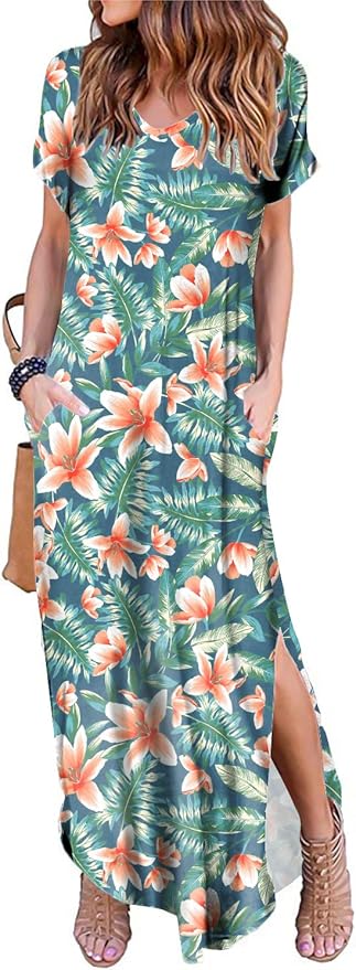 Arolina Women's Summer Maxi Dress Short Sleeve V Neck Casual Loose Long Beach Split Dresses with Pockets