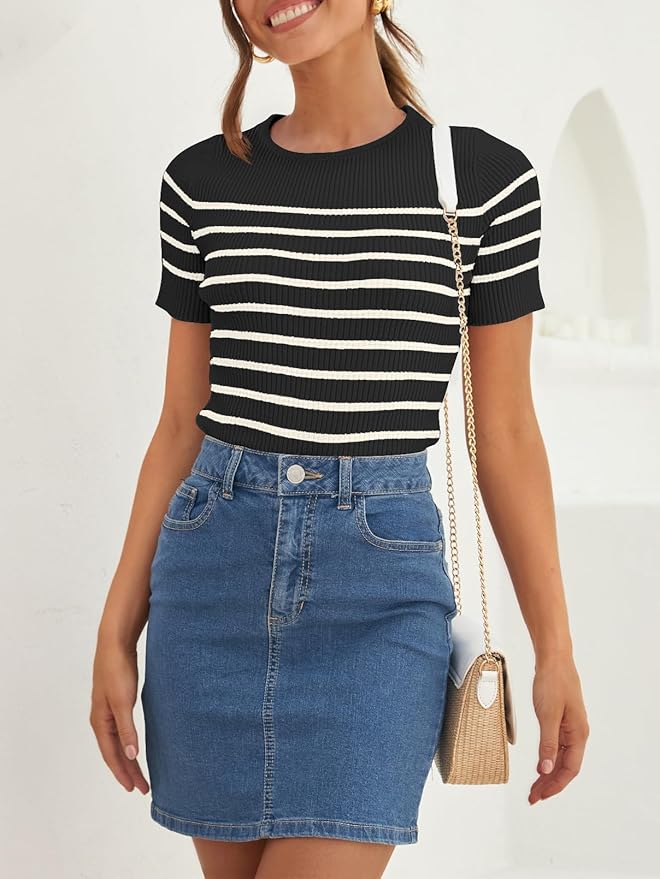 ZESICA Women's Short Sleeve Crewneck Striped T Shirt 2026 Summer Ribbed Knit Slim Fit Casual Basic Tee Tops