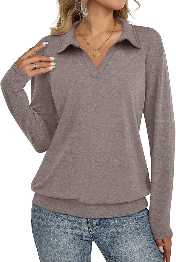 Womens Polo Shirts Long Sleeve Banded Bottom Tops Business Casual Tops Collared V Neck Blouses