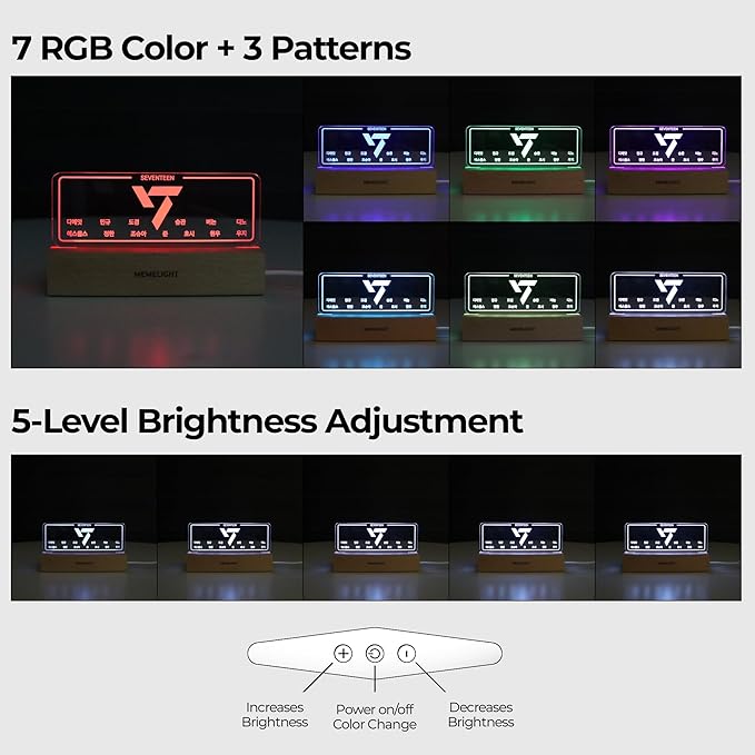 MEMELIGHT Seven.Teen Night Light, Kpop Merchandise, Korean Idol Lamp for Carat, 7RGB Color, Dimmer, 8.3 x 4.2 x 1.7