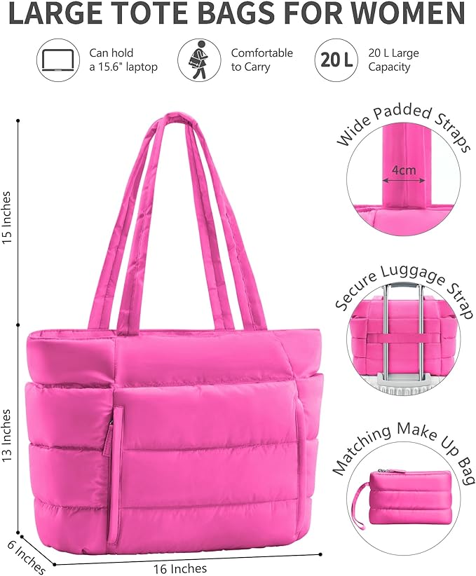 Puffer Tote Bag for Women, Lightweight Puffy Work Handbag Teacher Nurse Quilted Shoulder Bag for School Travel Gym | Quilted, with Zipper, Daily Carry On Bags, Comfy College Bags, 15.6" Laptop Sleeve, Cup Holder Pocket, Portable, Spacious