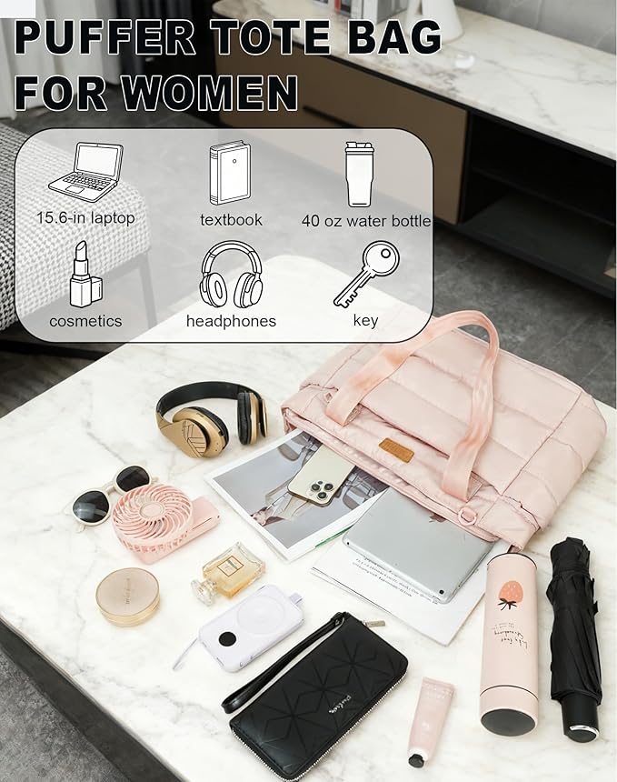 Quilted Puffer Tote Bag for Women, Waterproof Lightweight Work Bag for Nurse/Commuter with 16" Laptop Pocket | Puffer Tote Bag