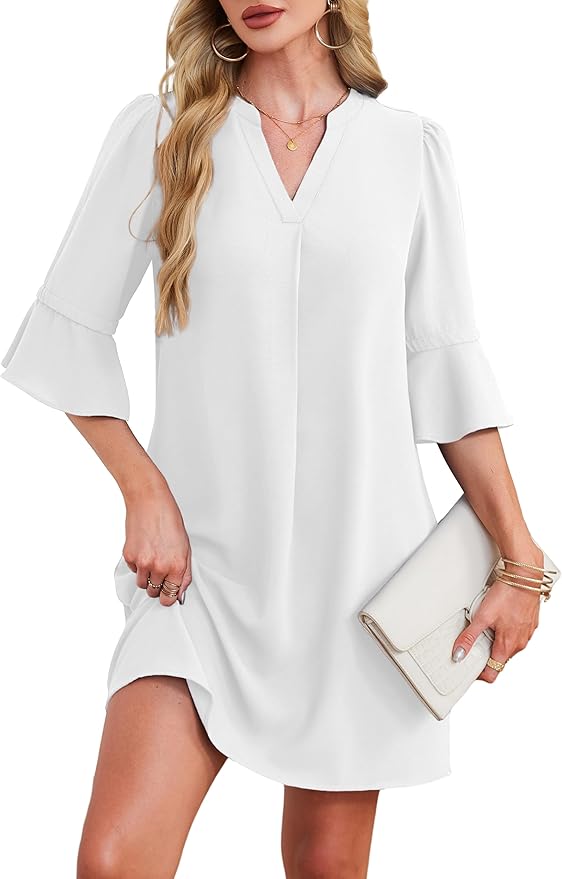 RUMIA Shift Dress for Women V Neck Ruffle Short Sleeve Loose Casual Summer Dress