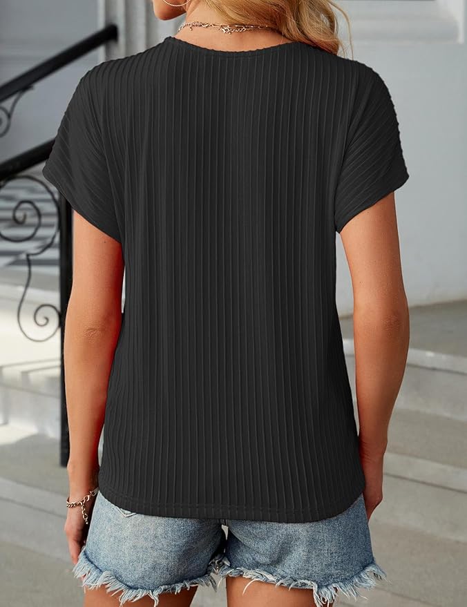 JUSTFASHIONNOW Womens Short Sleeve Blouses Business Casual Tops Crew Neck Basic Tees Textured Work Shirts Cute Office Outfits