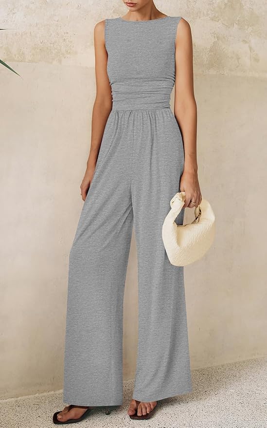 PRETTYGARDEN One Piece Jumpsuits for Women Dressy Casual Sleeveless Crewneck Wide Leg Rompers Jumpers Vacation Summer Outfits