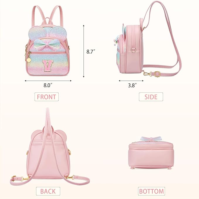 KKXIU Initial Bowknot Mini Backpacks for Girls Women, Small Cute Backpack Purse, Personalized Valentines Day Gifts for Toddler, Kids and Teen Girls(V, Rainbow)