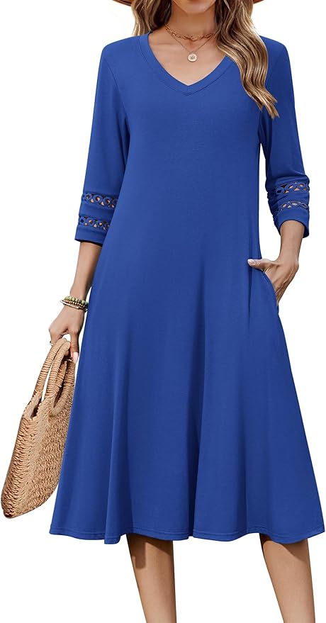 Zeagoo Women's Dresses 3/4 Sleeve Summer Casual V-Neck A Line Flowy Eyelet Midi Dress for Women Beach Vacation Sundress