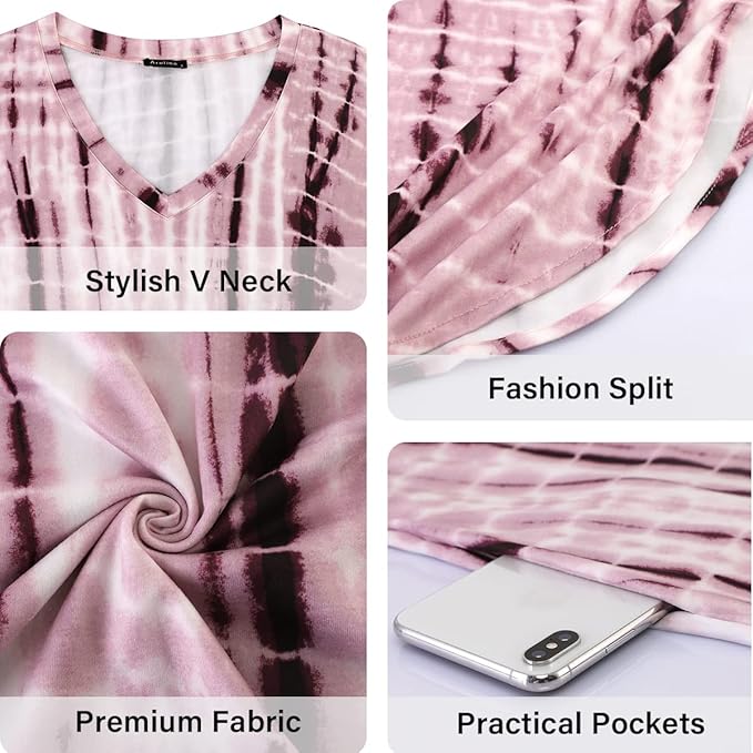 Arolina Women's Summer Maxi Dress Short Sleeve V Neck Casual Loose Long Beach Split Dresses with Pockets