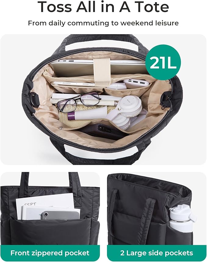 BAGSMART Tote Bag for Women, Lightweight Puffy Tote Bag with Compartments Shoulder Bag Handbag for Travel, Work, Gym | Lightweight, Puffy, Tote Bag with Compartments, Quilted, for Travel, Work