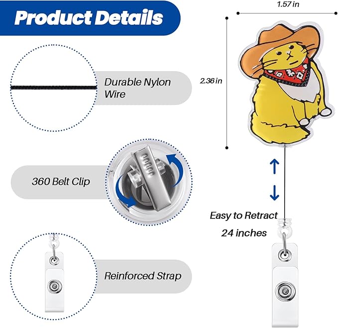 Funny Cowboy Cat Nurse Badge Reel, Cute Work Badge Holder with Retractable Clip, Pediatric Badge Buddy, Nursing Student RN LPN CNA MA Medical Worker Teacher Doctor ID Name Badge Clip Accessories