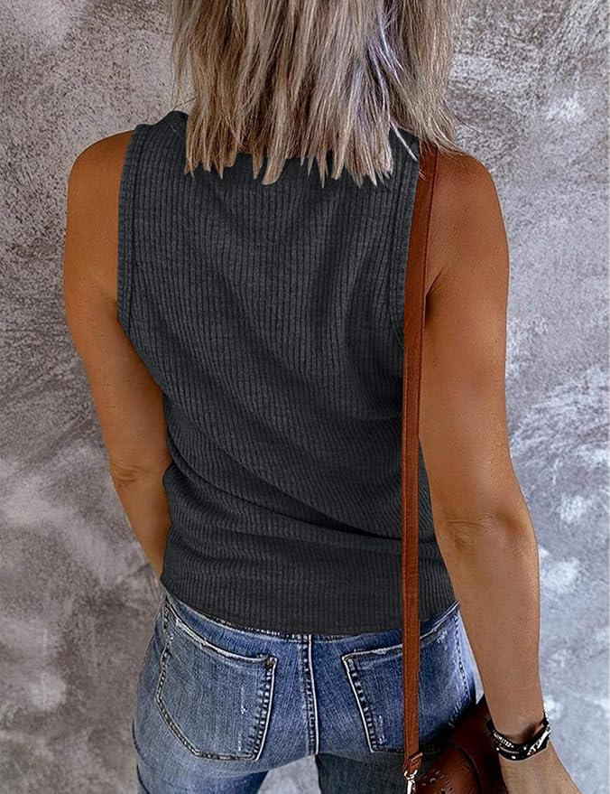 MEROKEETY Women's 2026 Summer Sleeveless Tank Tops V Neck Ribbed Dressy Casual Henley Shirts Button Loose Cami Tees