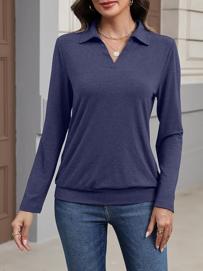 Womens Polo Shirts Long Sleeve Banded Bottom Tops Business Casual Tops Collared V Neck Blouses