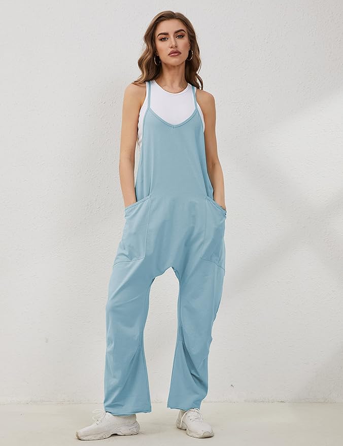 Lentta Women's Causal Jumpsuits V Neck Sleeveless Harem Overalls Stretchy Adjustable Strap Romper with Pockets