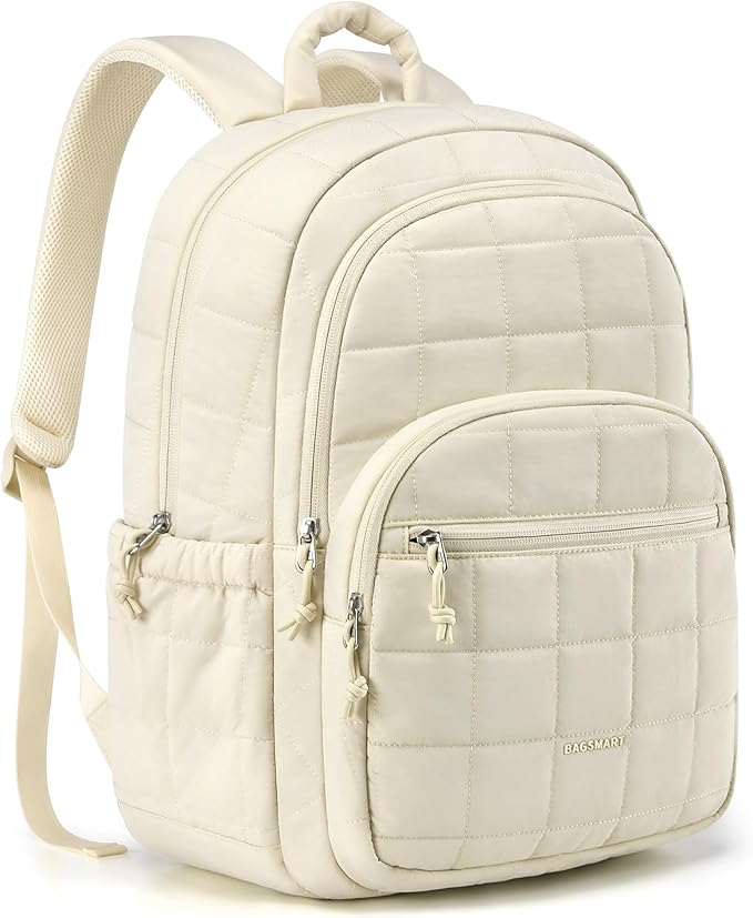 BAGSMART College Laptop Backpack, Travel Laptop Backpack for Women, Quilted Casual Daypack, Water-Resistant Bookbag for 15.6 Inch Laptop, Beige