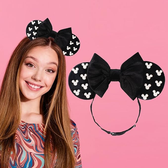 WW-WONDERFULWORLD Mouse Ears Headband with Velvet Bow and Pearl Accents, Black, Adjustable Elastic Hair Band - Headache-Free, Cosplay Costume Headwear for Minnie Party Supplies, Classic; FD1BK