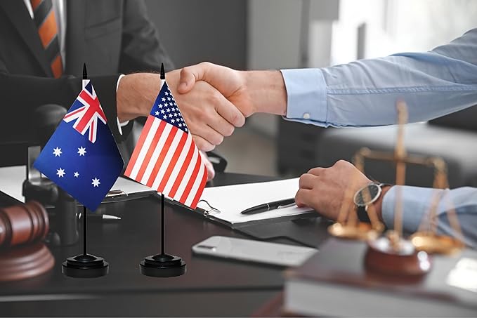 USA American & Australia Australian Desk Flags, US Australia Table Flag, Small Mini American & Australian Twin Table Office Flag, Miniature Australian and US Desktop Flag With 13" Solid Black Pole, Black Base