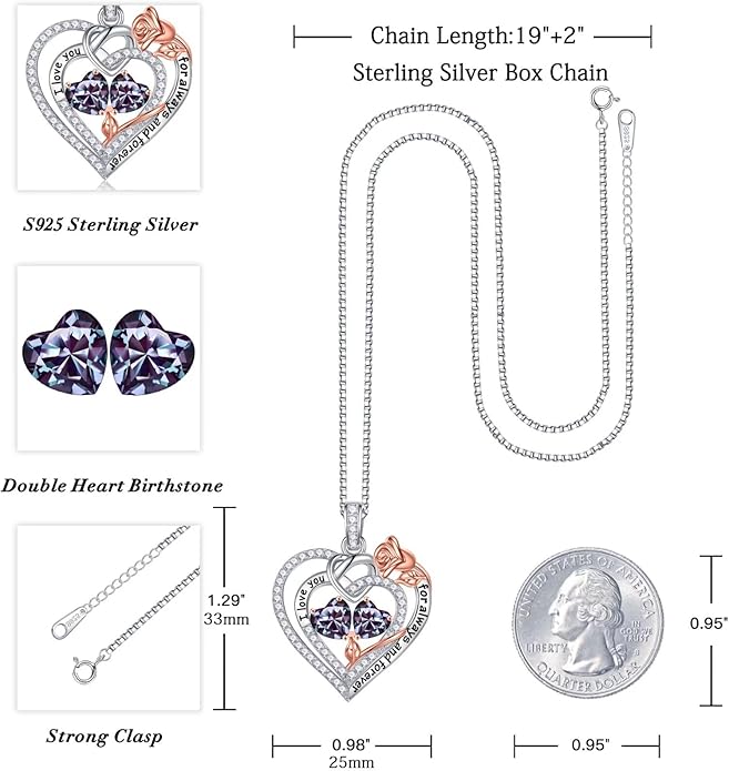 Iefil Valentines Day Gifts for Her - 925 Sterling Silver Double Birthstone Necklace, Anniversary Birthday Gifts for Women, Jewelry Gift for Wife Girlfriend Mom Her