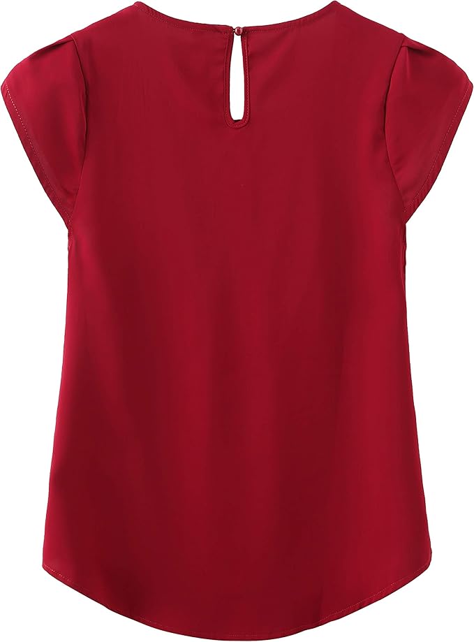 TASAMO Women's Casual Round Neck Basic Pleated Top Cap Sleeve Curved Keyhole Back Chiffon Blouse