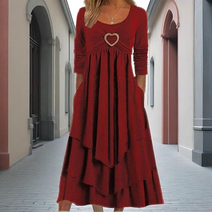 Winter Dresses for Women Wedding Guests Casual Cute Heart Long Sleeve Tiered Maxi Dress with Pockets Plus Size