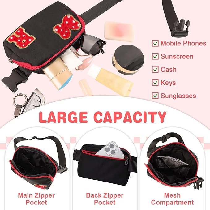 Initial Letter Bow Mouse-Ear Fanny Pack for Teen Girls,Cute Chenille Belt Bag Crossbody Travel Waist Pack for Women&Kids,Personalized Gift for Theme Park,School & Travel, Birthday Christmas(R)
