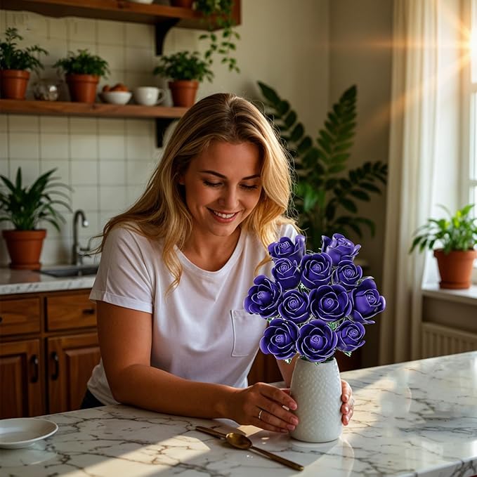 Purple Rose Bouquet Building Set for Adults Women - 12 Pack, Botanical Collection Gift for Christmas, Valentine's Day & Mother's Day - Artificial Flowers Botanical Collection Centerpiece Retro Decor