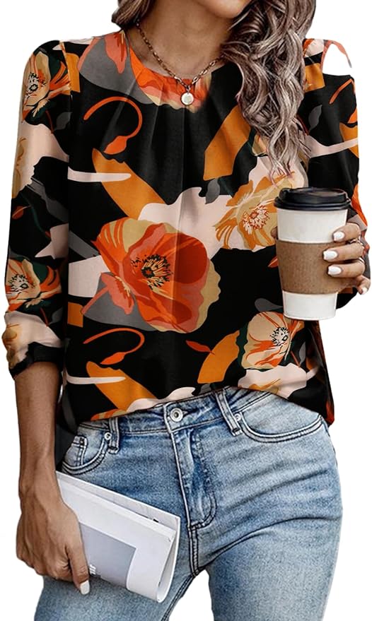 Samefar Womens Tops Dressy Casual Pleated Crew Neck Long Sleeve Shirts Office Work Chiffon Blouses