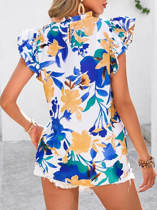 PRETTYGARDEN Women's Ruffle Short Sleeve Summer Tops 2026 Trendy Floral Trim Neck Casual Dressy Chiffon Boho Blouses Shirts