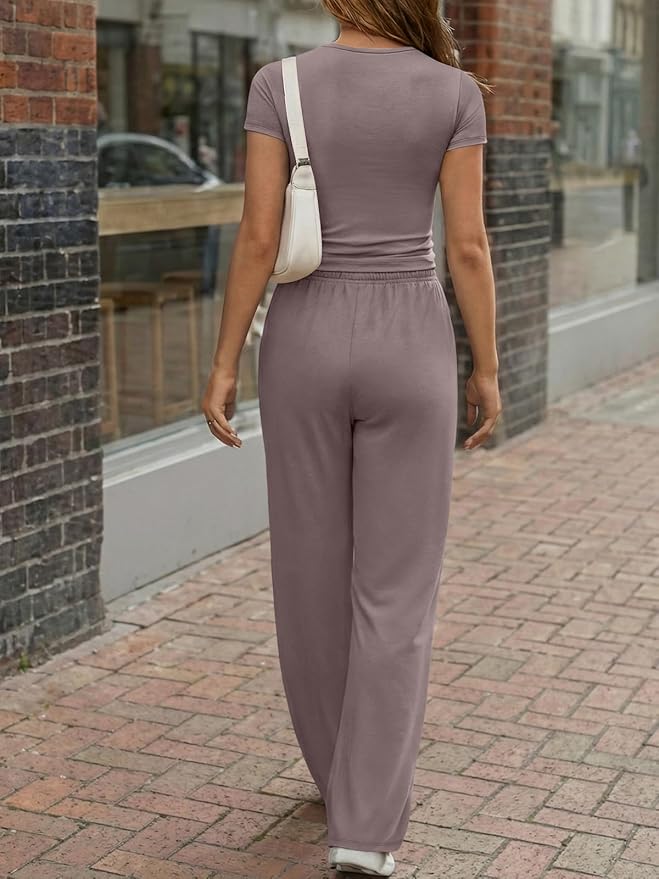 Trendy Queen Women's 2 Piece Matching Lounge Sets Summer Henley Neck Slightly Crop Top Wide Leg Pants Casual Sweat Suit