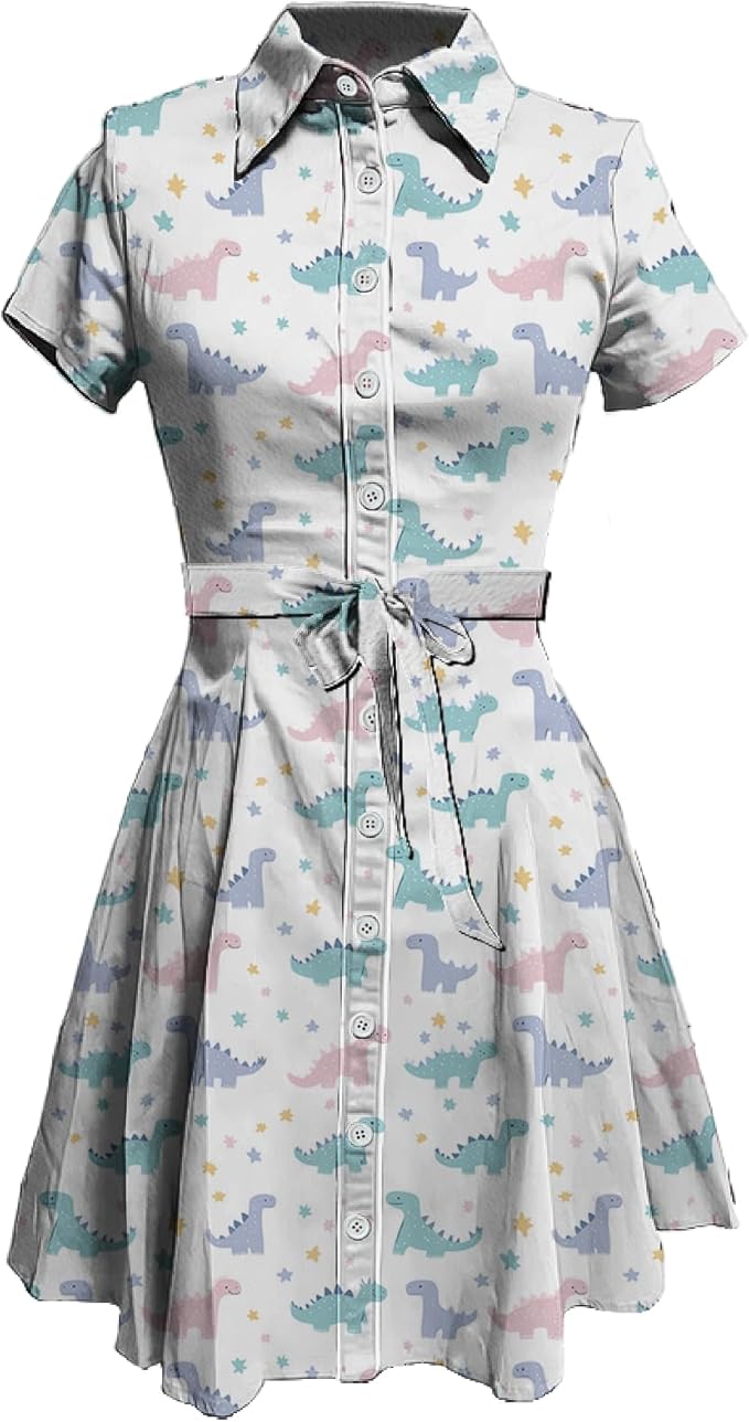 MARSVOVO Cute T Shirt Dress for Women Short Sleeve Button Up Tie Waist Elegant Casual Collared Smocked Midi Dress